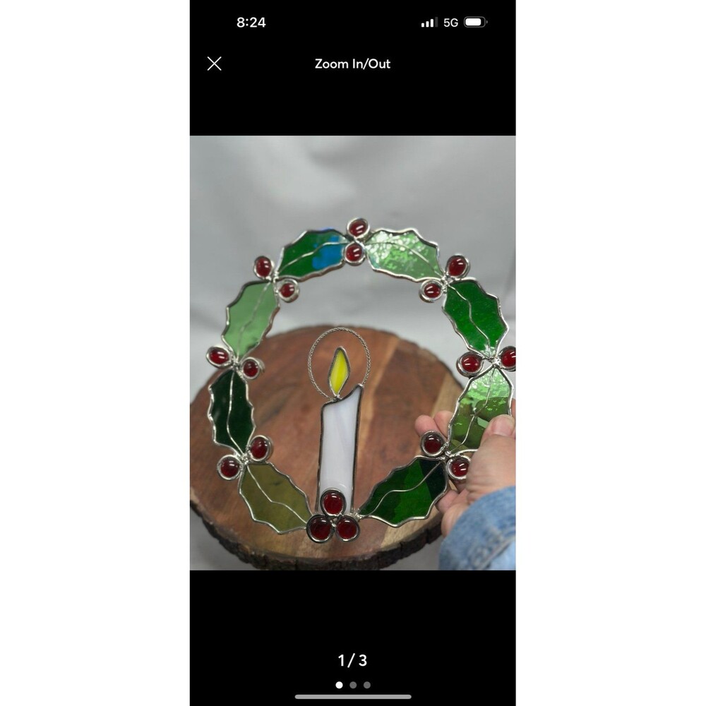 Stained Glass Christmas Holly Berry Wreath w Candle Hanging & Matching Candle